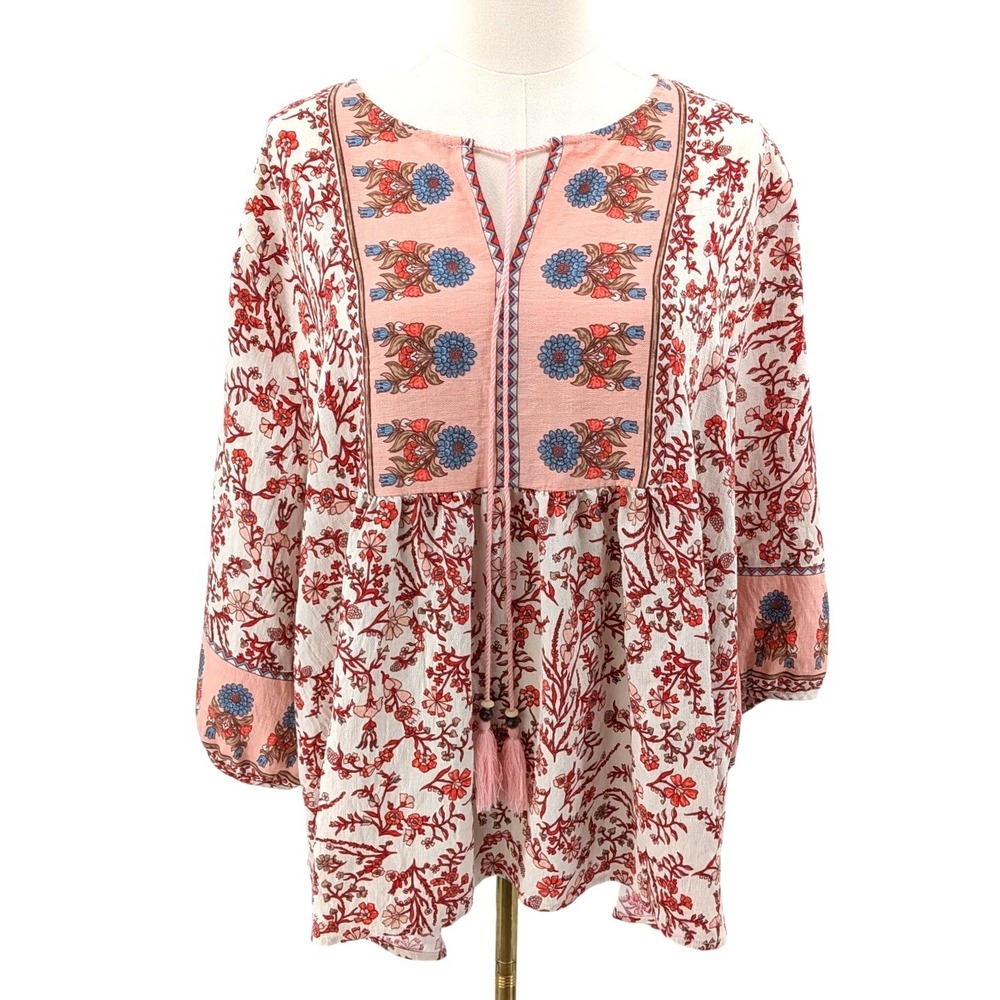 Boho Peasant Blouse Embroidered Floral Tassel Tie Lightweight XXL
